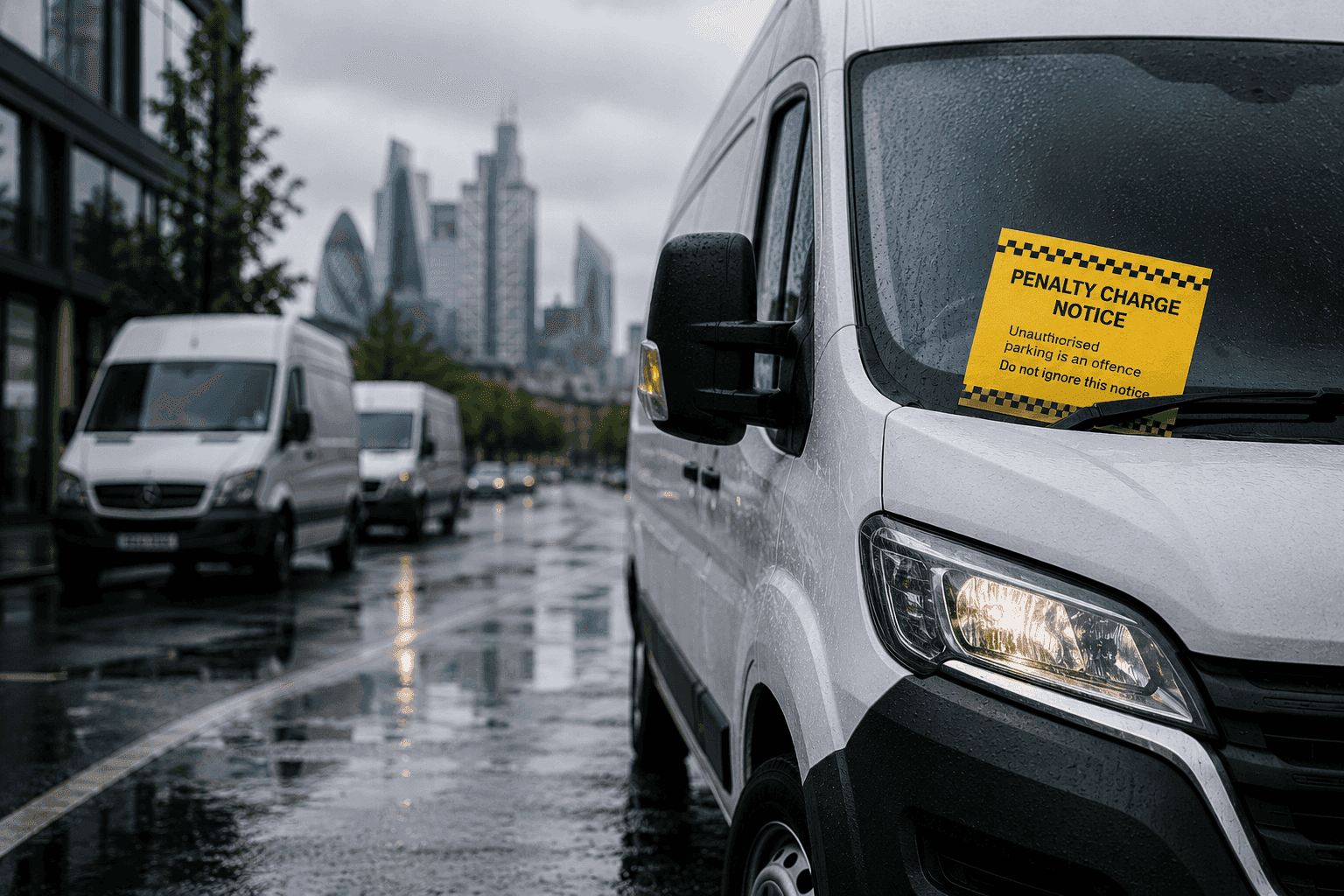 image of a white van with a parking ticket on the windshield, parked in front of a cityscape background